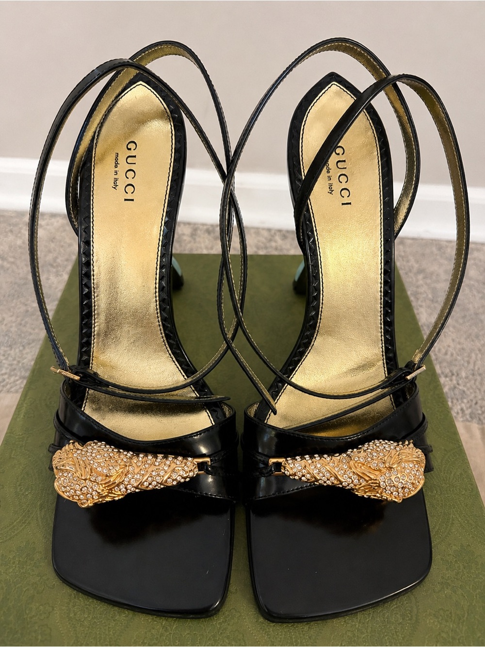 Authentic Gucci Black Patent Leather Snake-Embellished Wedge Heels